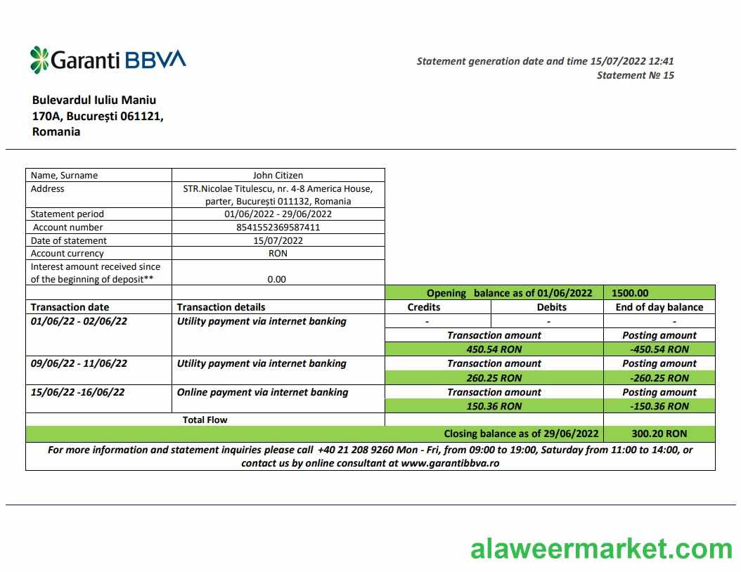 Romania Garanti BBVA bank statement